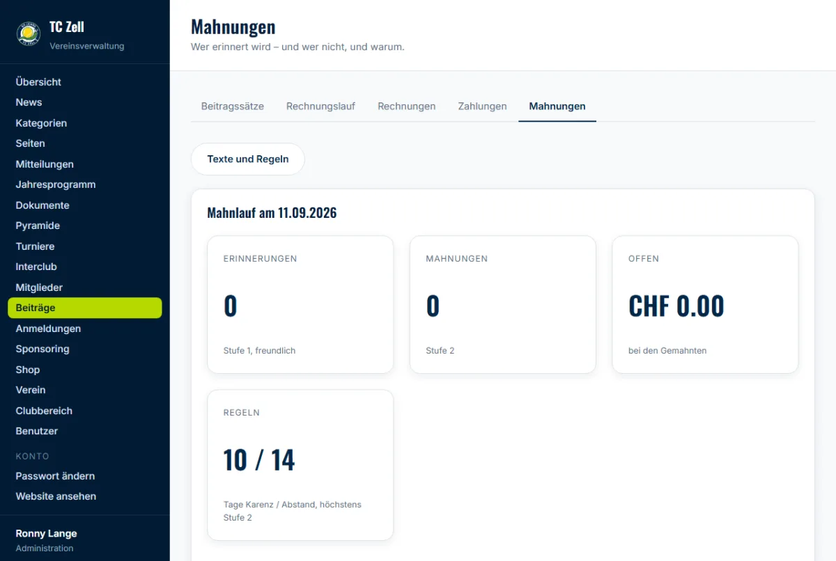 Backend: Mahnlauf mit Erinnerungen und Mahnungen