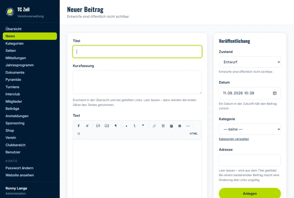 Backend: Editor für einen neuen Beitrag