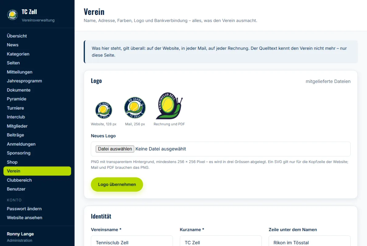 Backend: Vereinsseite mit Logo, Name, Farben und Bankverbindung