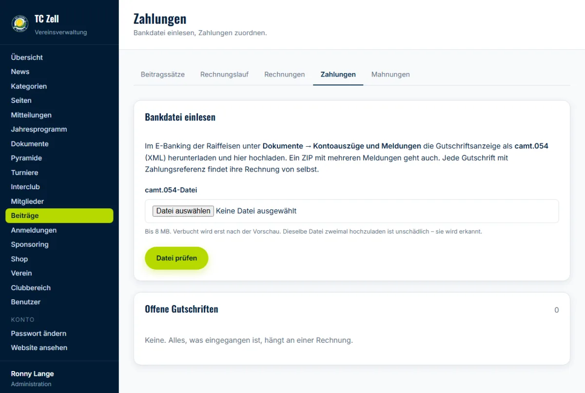 Backend: Bankdatei einlesen und offene Gutschriften zuordnen