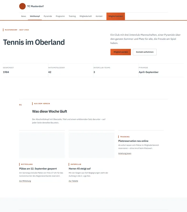 Design Ruhig: zweizeilige Kopfzeile, heller Titelbereich, nummerierte Abschnitte, gerade Kanten