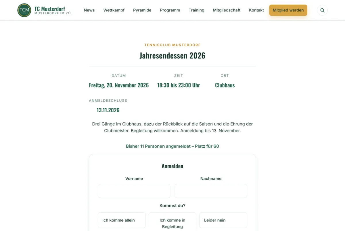 Anmeldeseite eines Anlasses mit Vorname, Name, allein oder in Begleitung