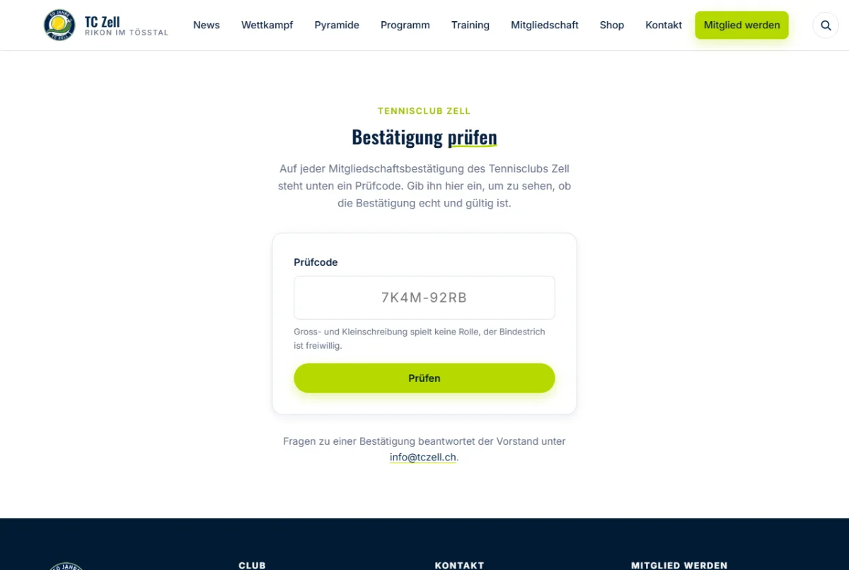 Öffentliche Prüfseite der Mitgliedschaftsbestätigung