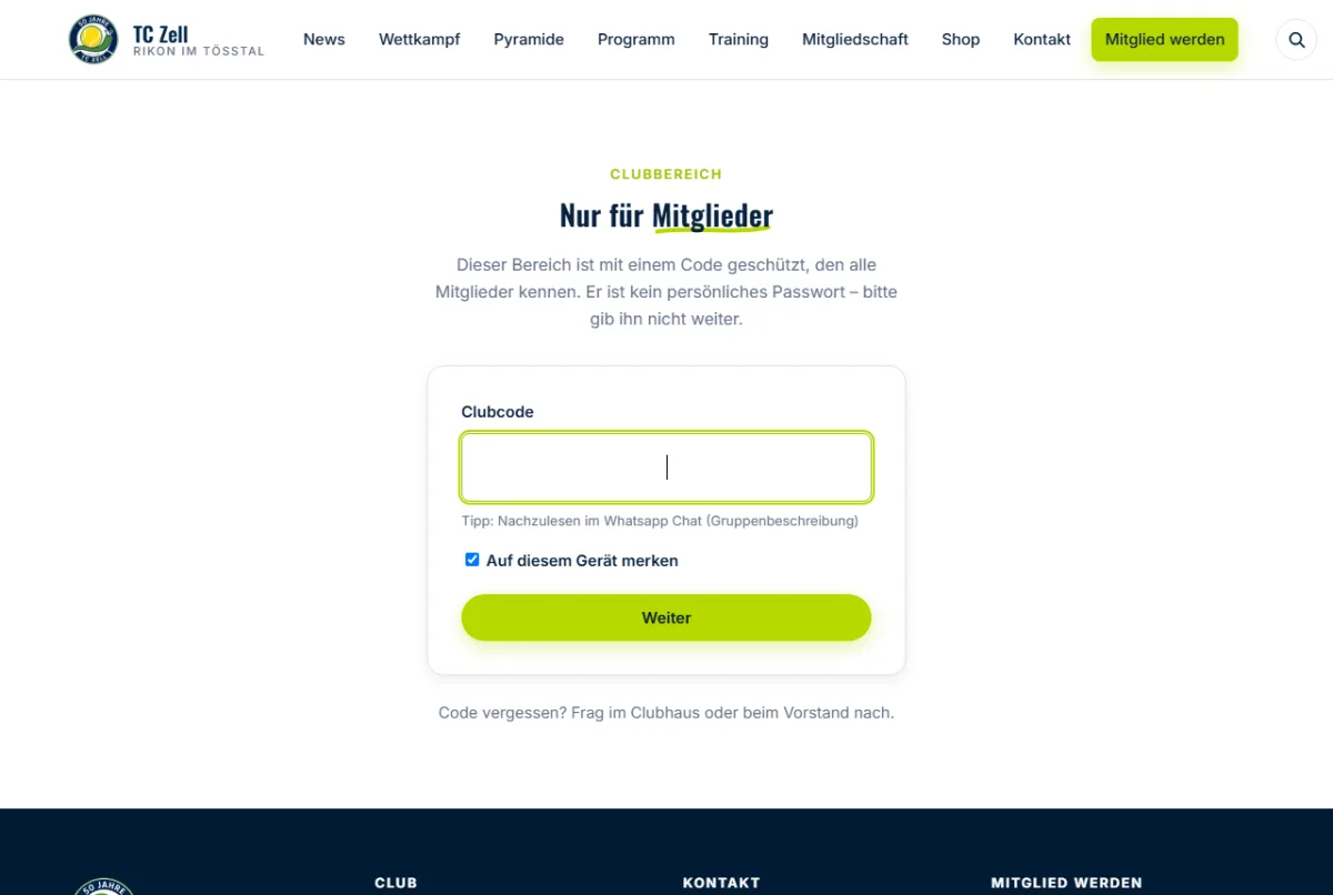 Zugang zum Clubbereich mit Code