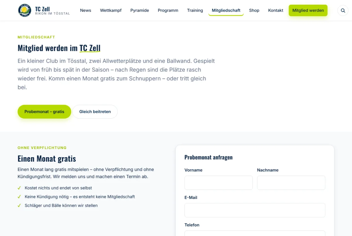 Seite Mitgliedschaft mit Beiträgen und Beitrittsformular