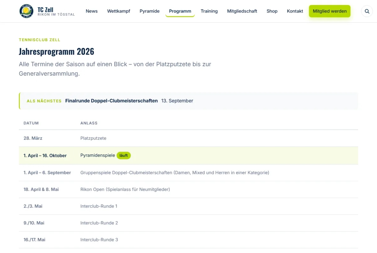 Jahresprogramm mit Terminen